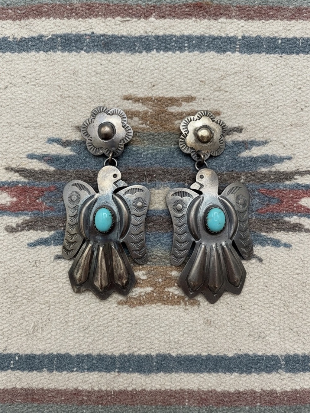 Vintage Sterling Silver Thunderbird Turquoise Earrings Southwestern Native Stamp